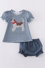 Navy stripe puppy applique girl bloomer set