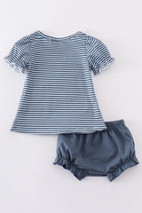 Navy stripe puppy applique girl bloomer set