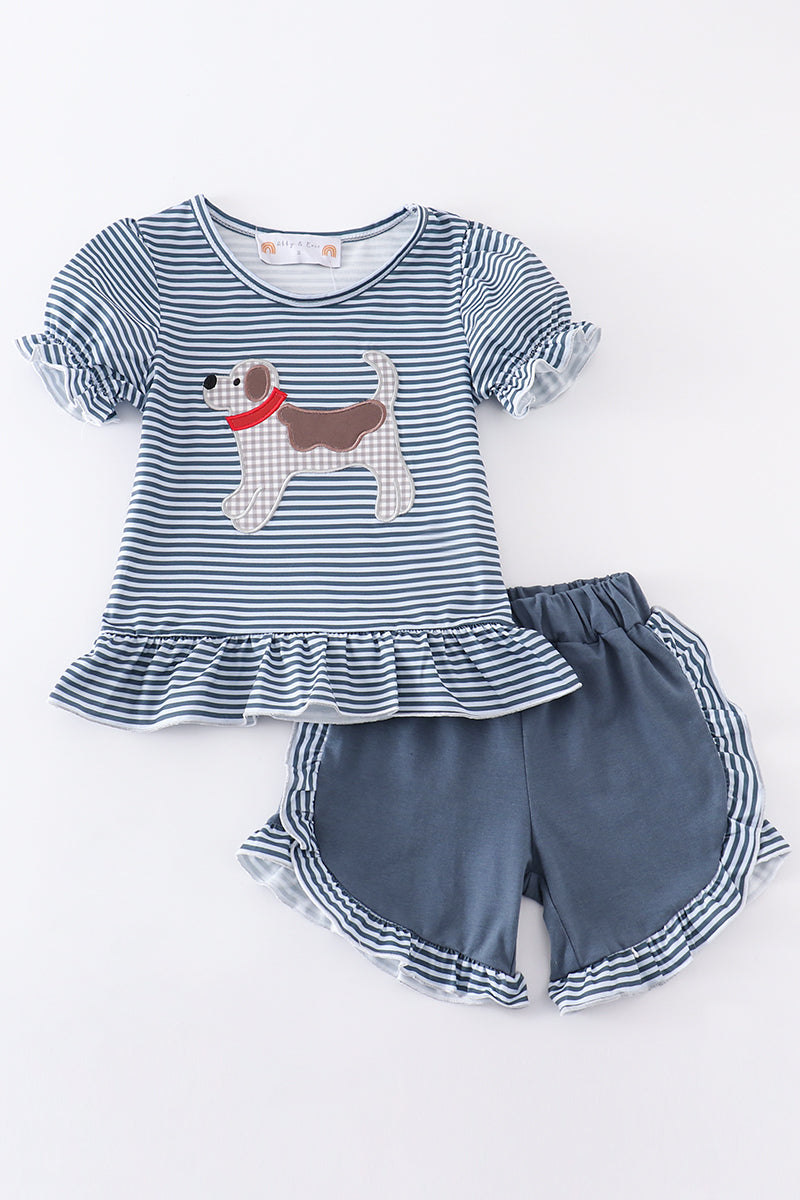 Navy stripe puppy applique girl set