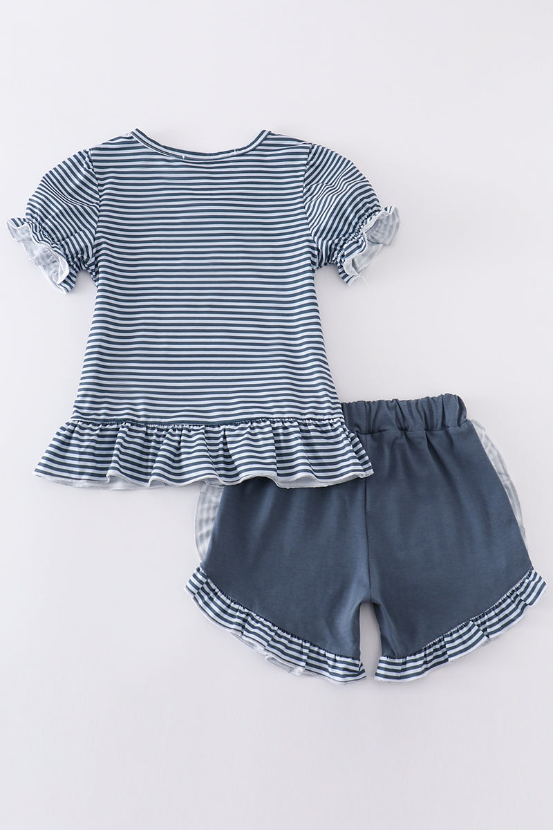 Navy stripe puppy applique girl set