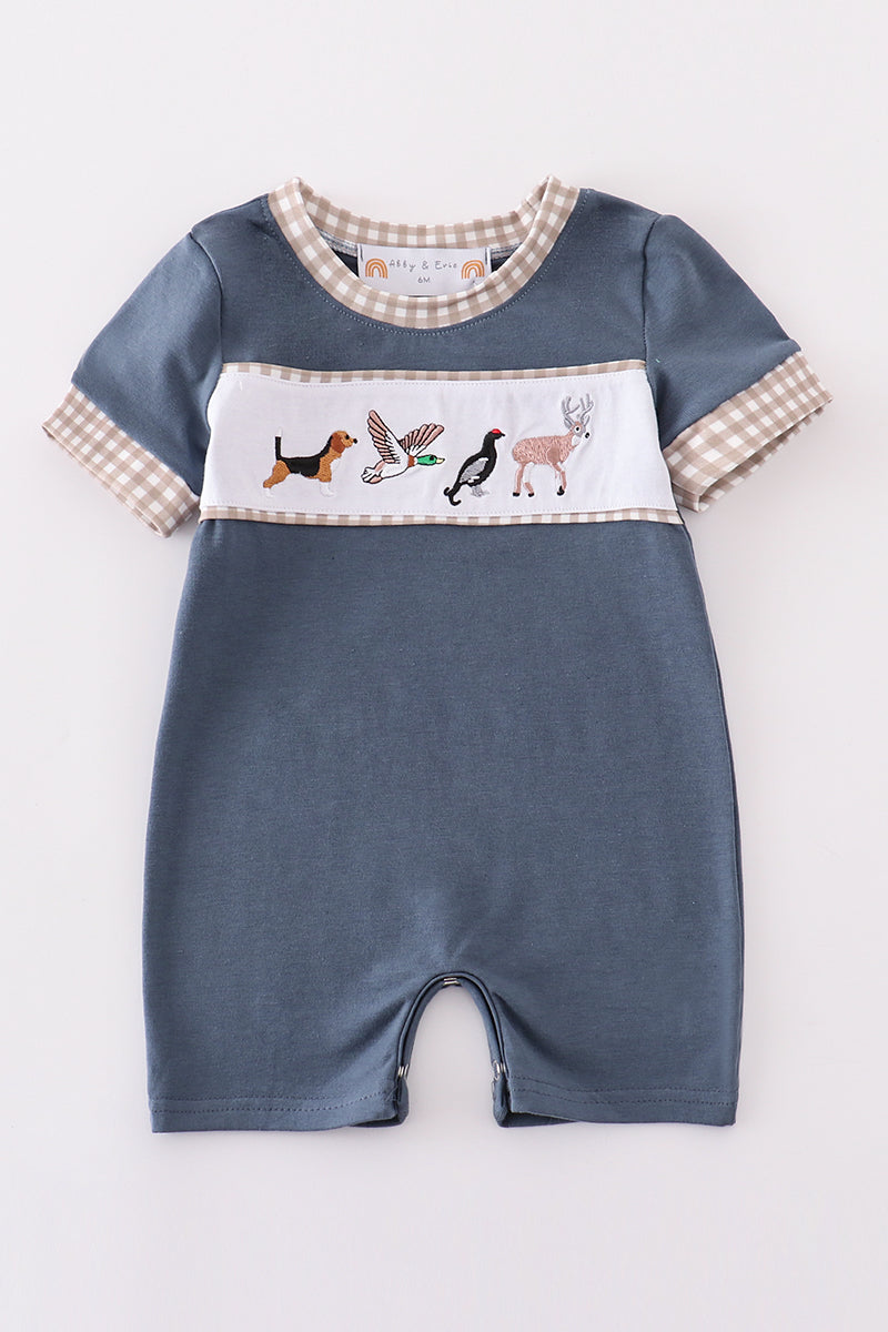 Navy hunting embroidery boy romper