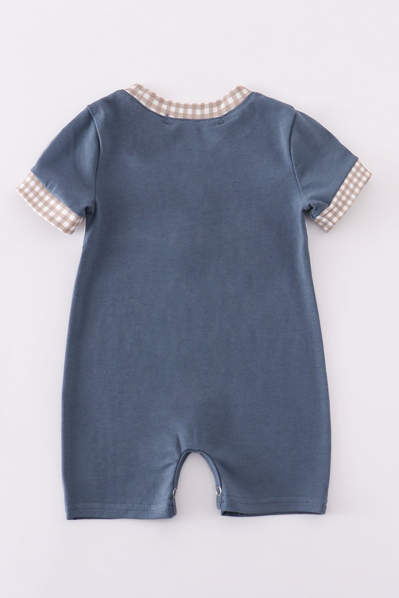 Navy hunting embroidery boy romper