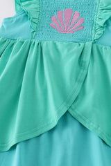 Green Ariel embroidery smocked girl dress