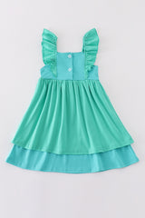 Green Ariel embroidery smocked girl dress