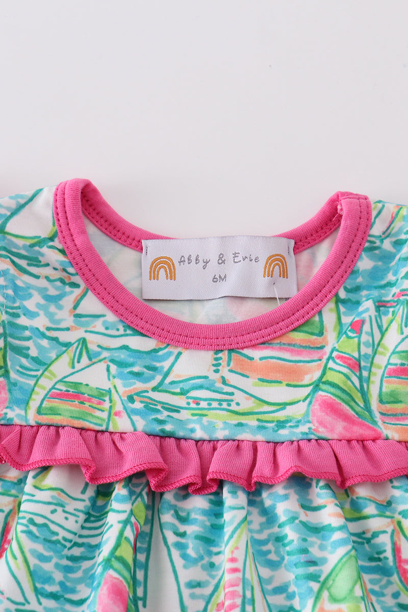 Teal sailboat serenity print girl bloomer set