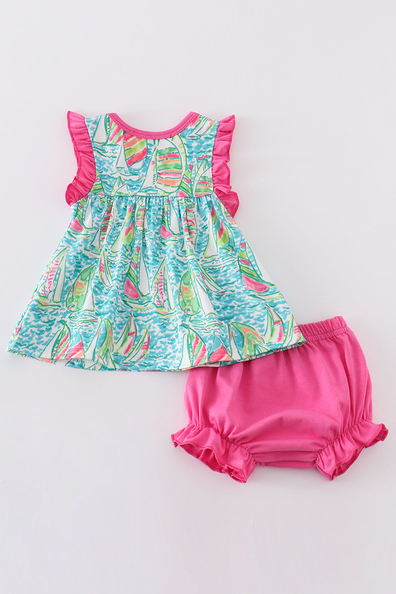 Teal sailboat serenity print girl bloomer set