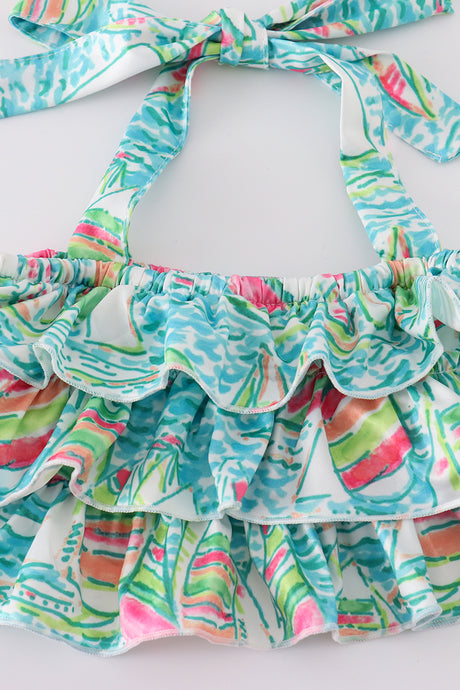 Teal sailboat serenity print 2pc girl swimsuit