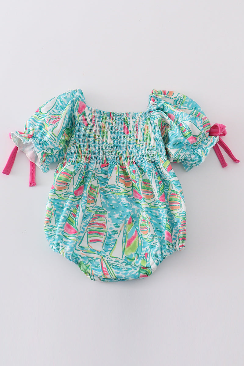 Teal sailboat serenity print smocked girl bubble