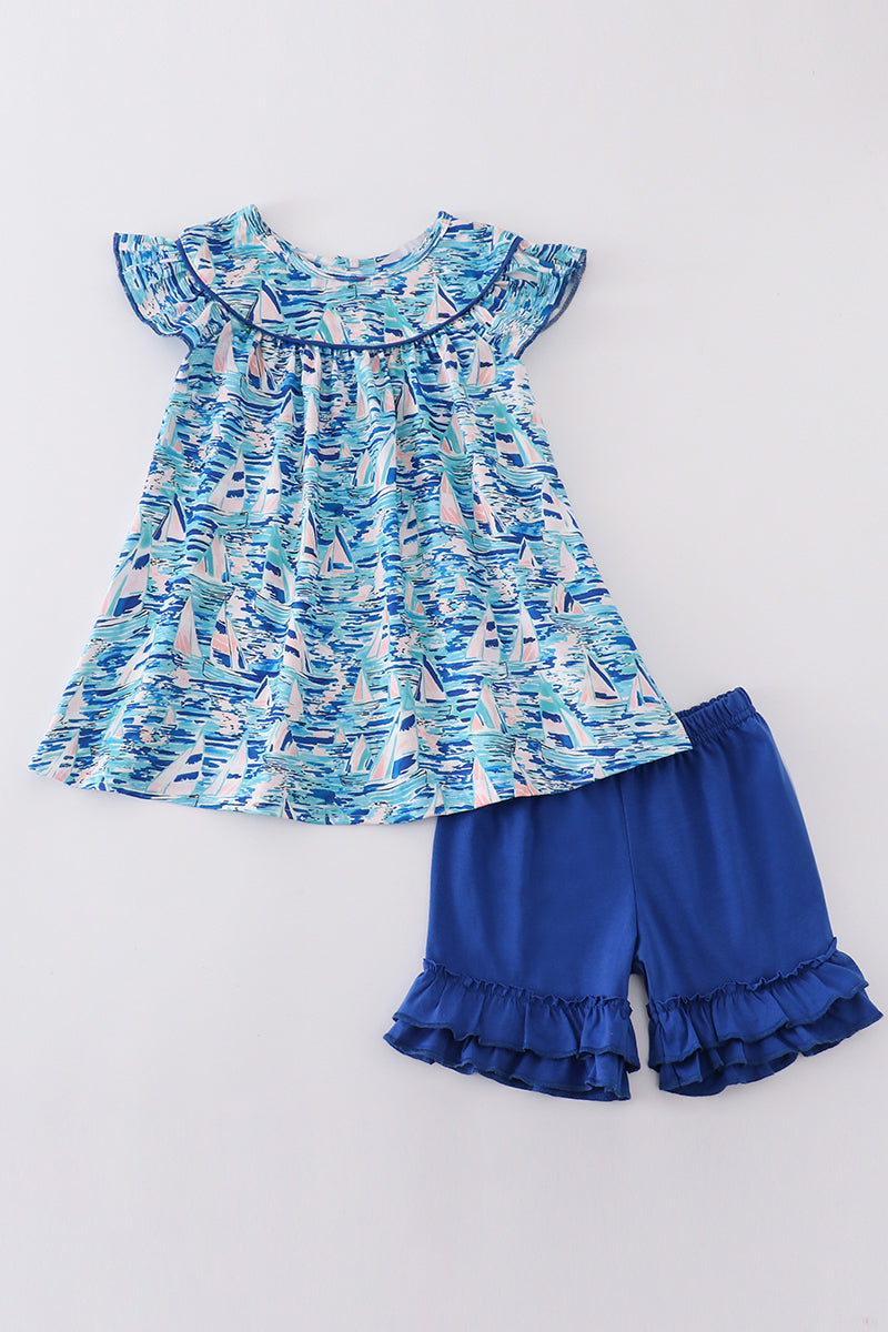 Blue ocean regatta print girl set