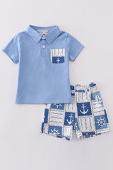 Blue sail boats checkered boy set