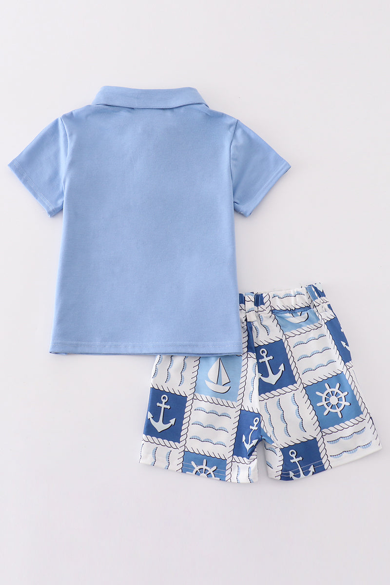 Blue sail boats checkered boy set