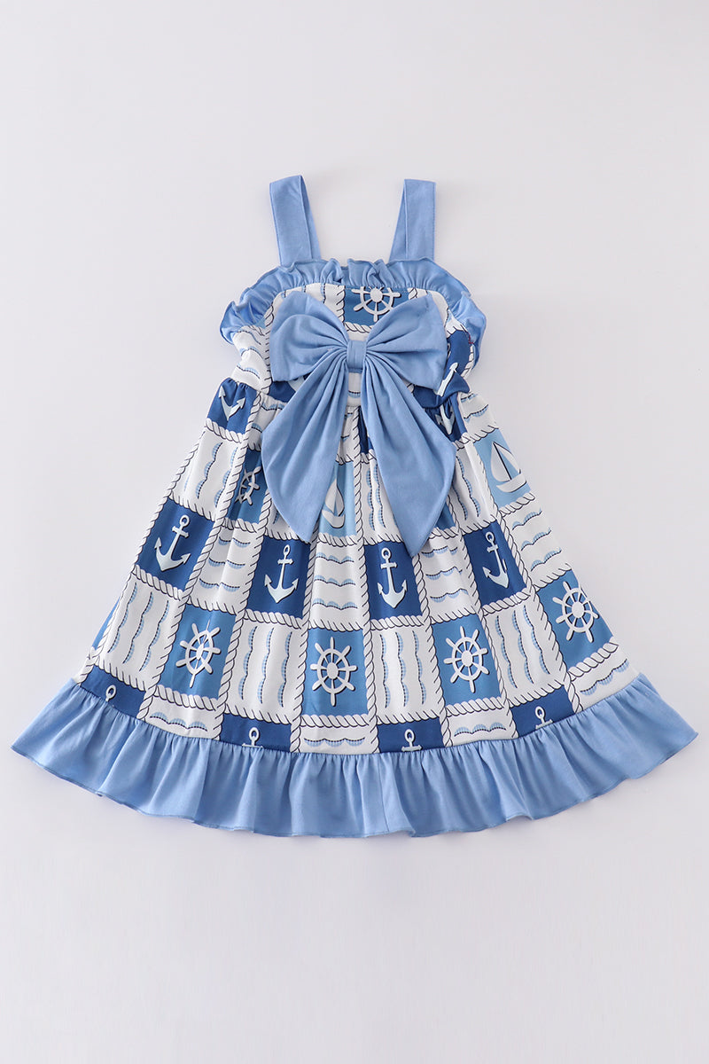 Blue sail boats checkered girl dress