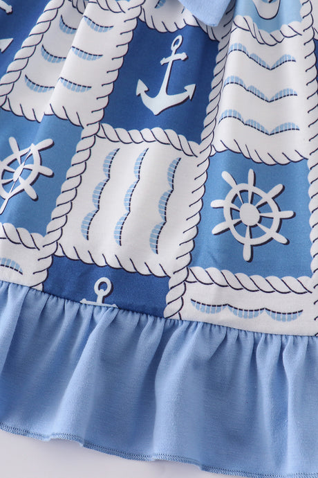 Blue sail boats checkered girl dress