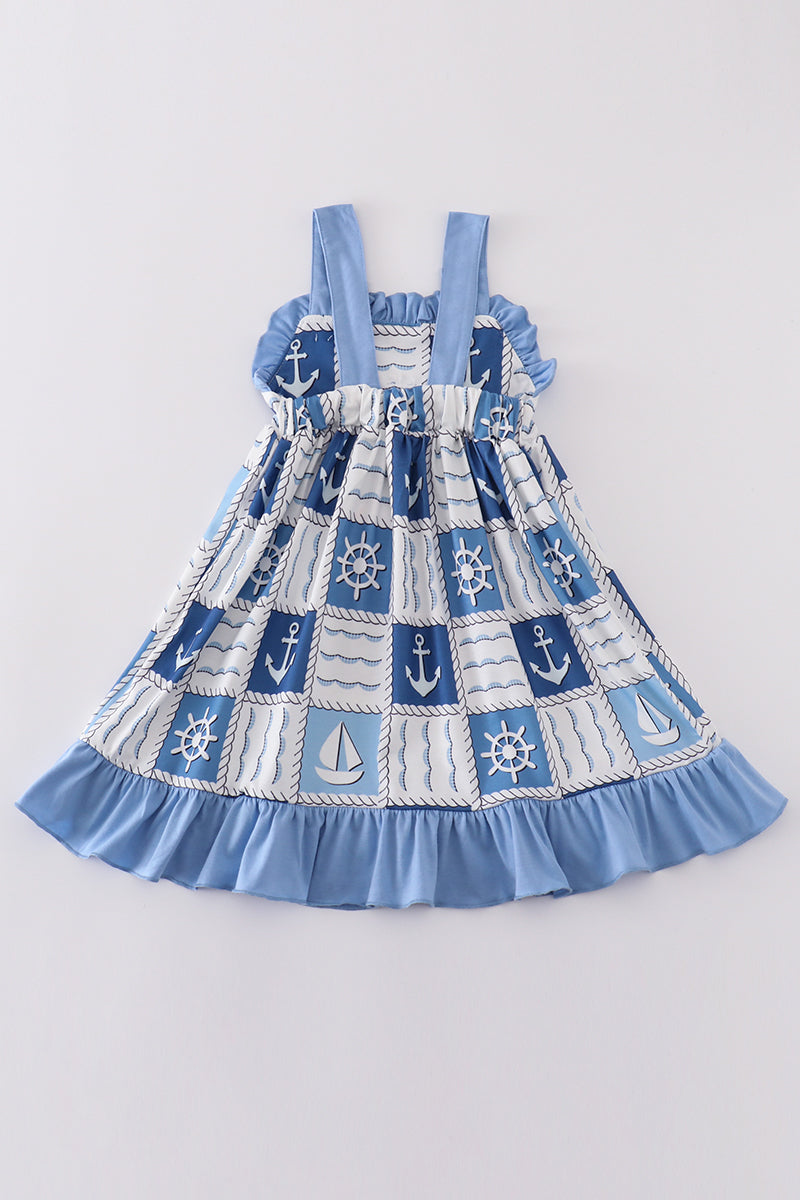 Blue sail boats checkered girl dress