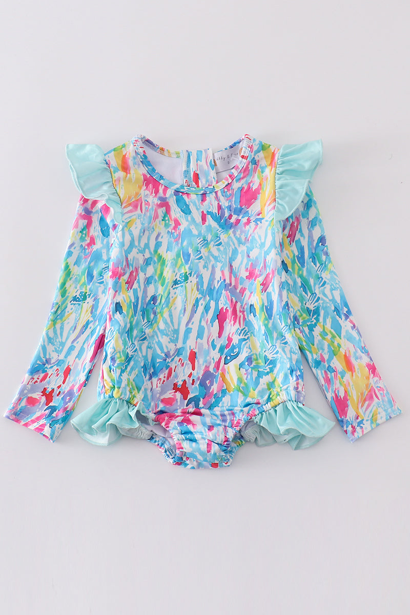 Mint rainbow splash one-piece girl swimsuit