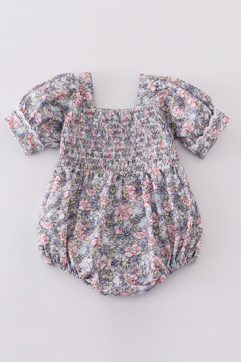 Blue floral whisper smocked girl bubble