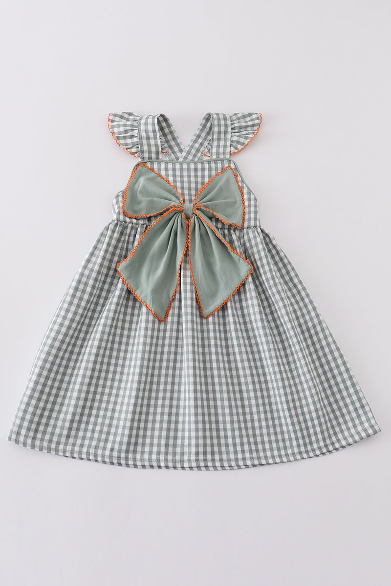 Green woven bow girl gingham dress