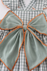 Green woven bow girl gingham dress