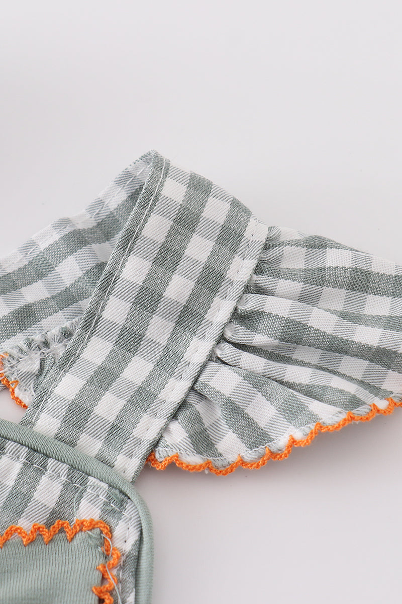 Green woven bow girl gingham dress