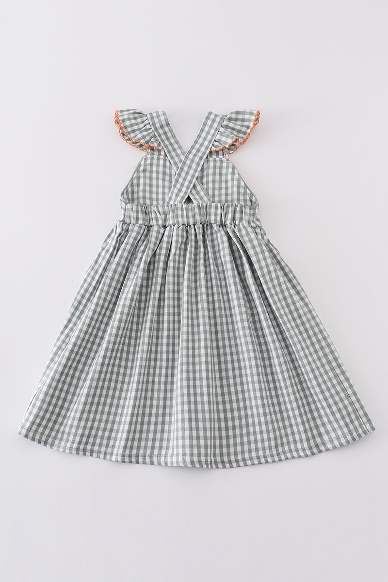 Green woven bow girl gingham dress