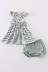 Green woven bow girl gingham bloomer set