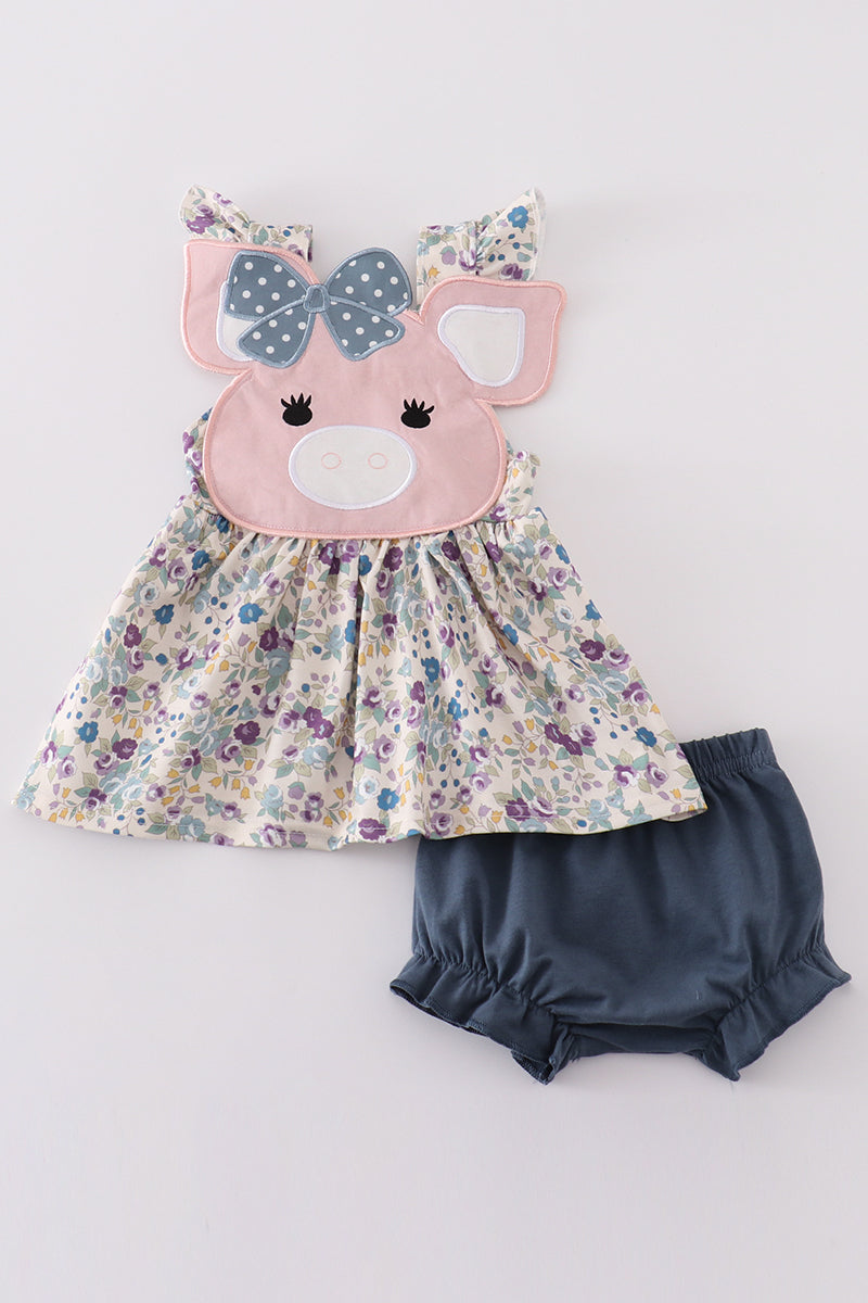 Pig floral print applique girl bloomer set