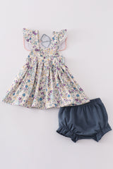 Pig floral print applique girl bloomer set