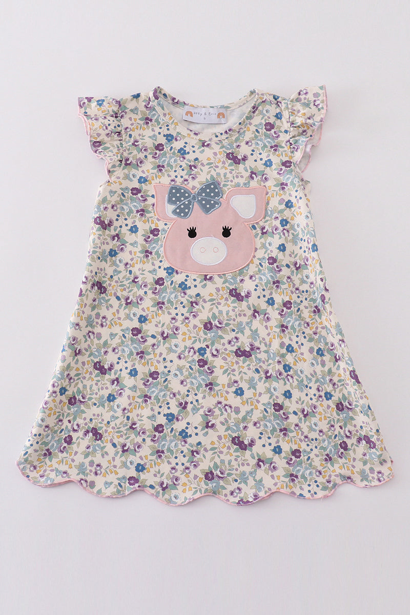 Pig floral print applique girl dress