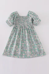 Green floral print smocked girl dress