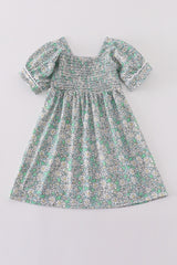 Green floral print smocked girl dress