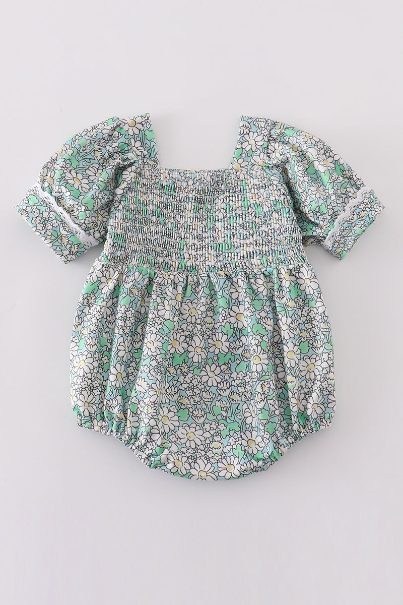 Green floral print smocked girl bubble