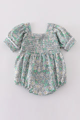 Green floral print smocked girl bubble