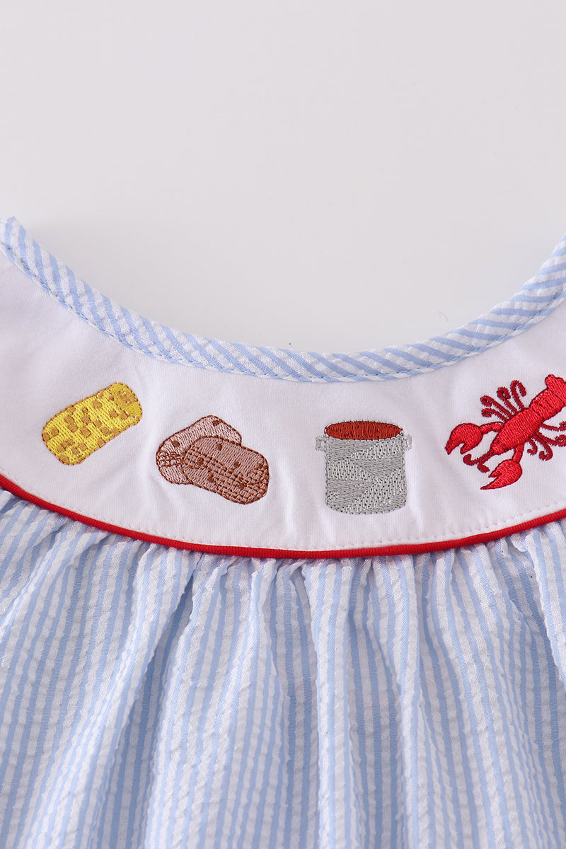 Blue seersucker crawfish embroidery girl dress