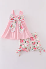 Pink bow floral print girl set