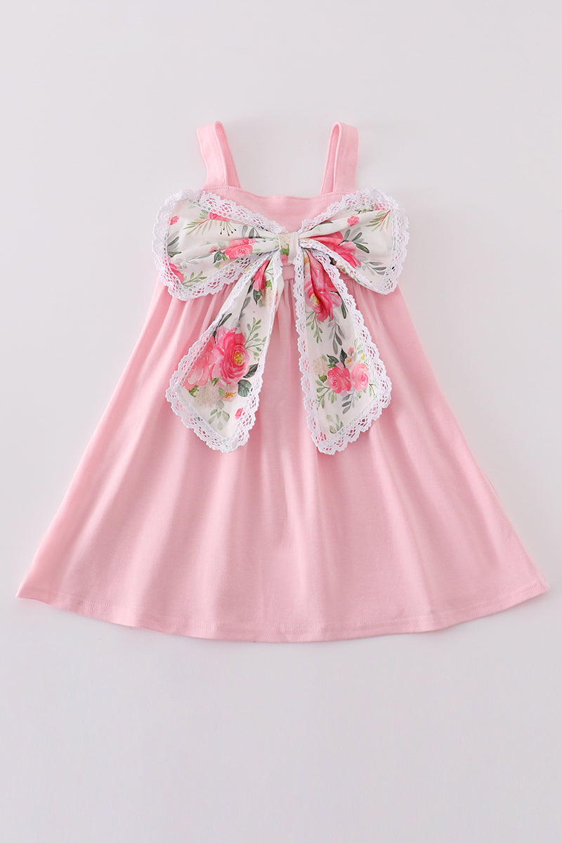 Pink bow floral print girl dress