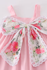 Pink bow floral print girl dress