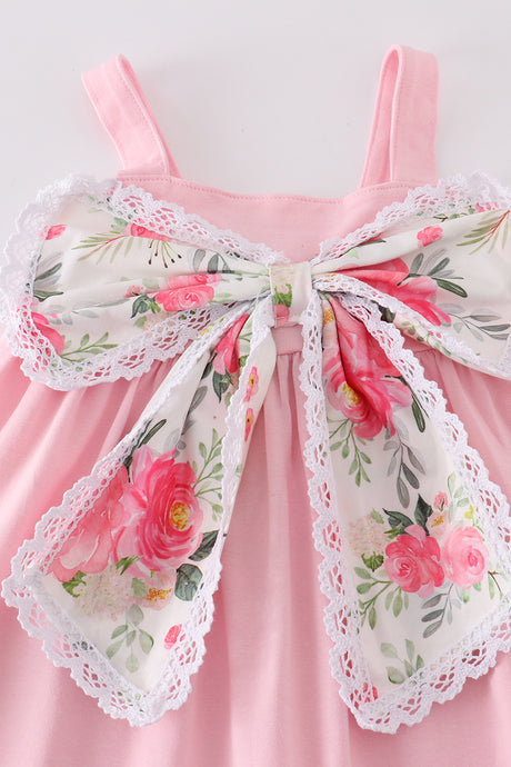 Pink bow floral print girl dress