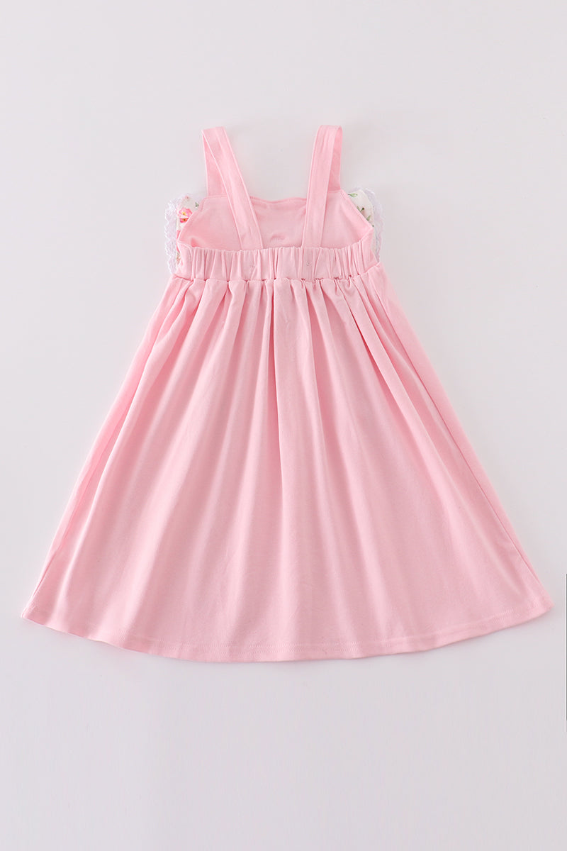 Pink bow floral print girl dress