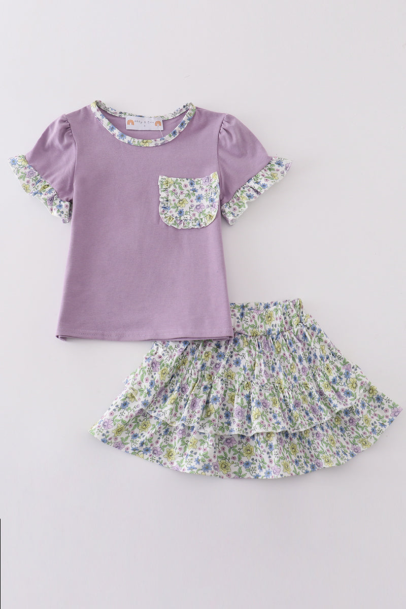 Purple bow floral girl skort set