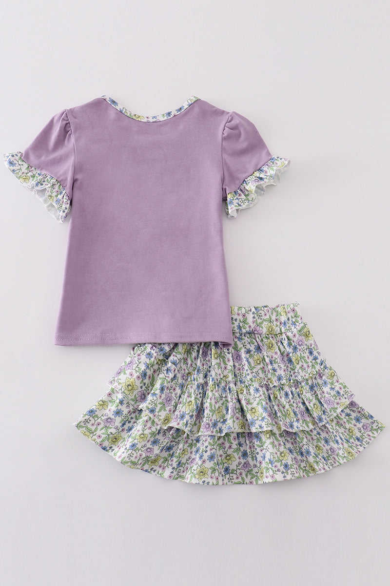 Purple bow floral girl skort set