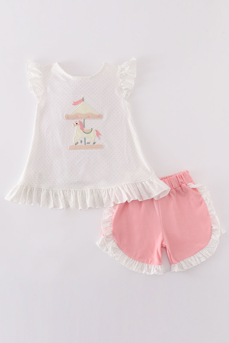 Pink bow carousel applique girl set