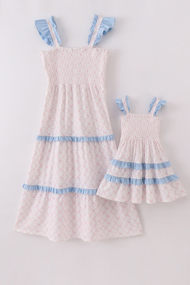 Pink bow smocked mom&me tiered dress