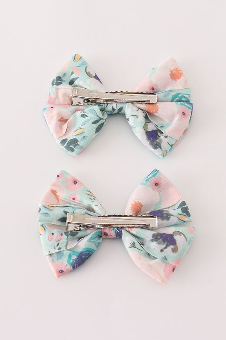 Green garden serenity print girl piggie hair bow