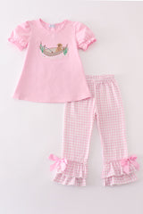 Pink fishing puppy applique girl set