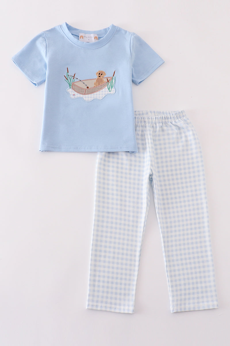 Blue fishing puppy applique boy pants set