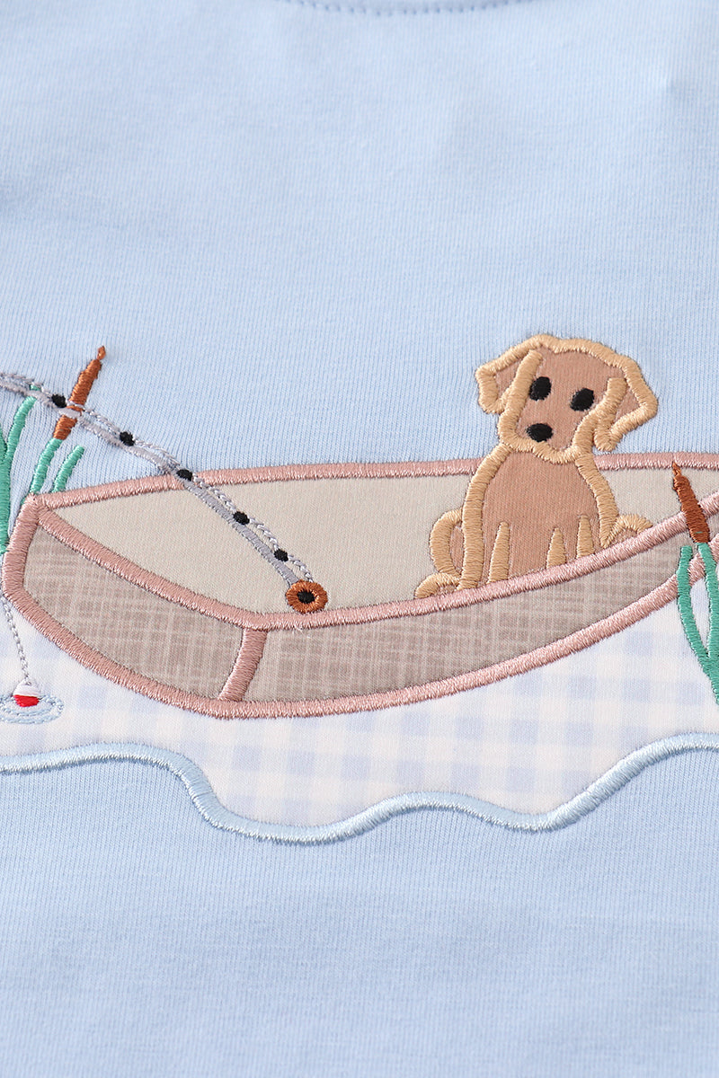 Blue fishing puppy applique boy pants set