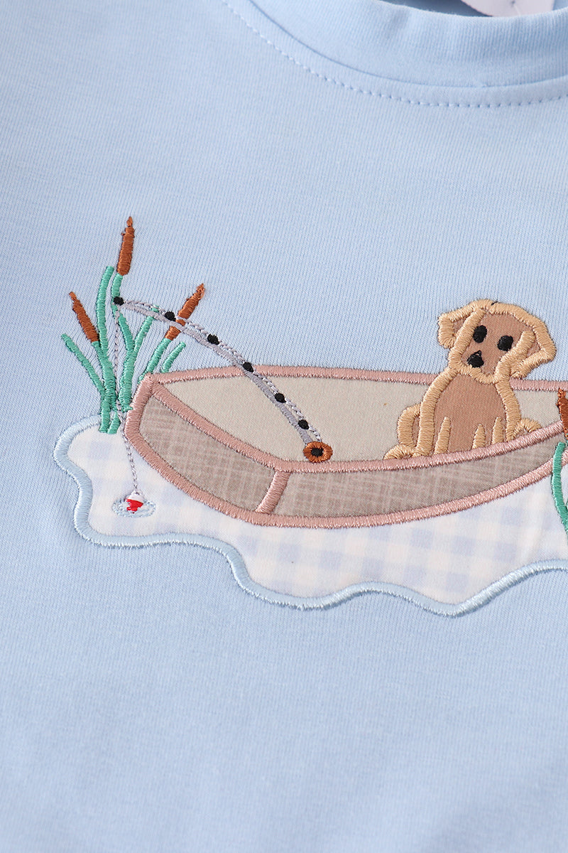 Blue fishing puppy applique boy romper