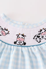 Blue gingham cow embroidery smocked baby set