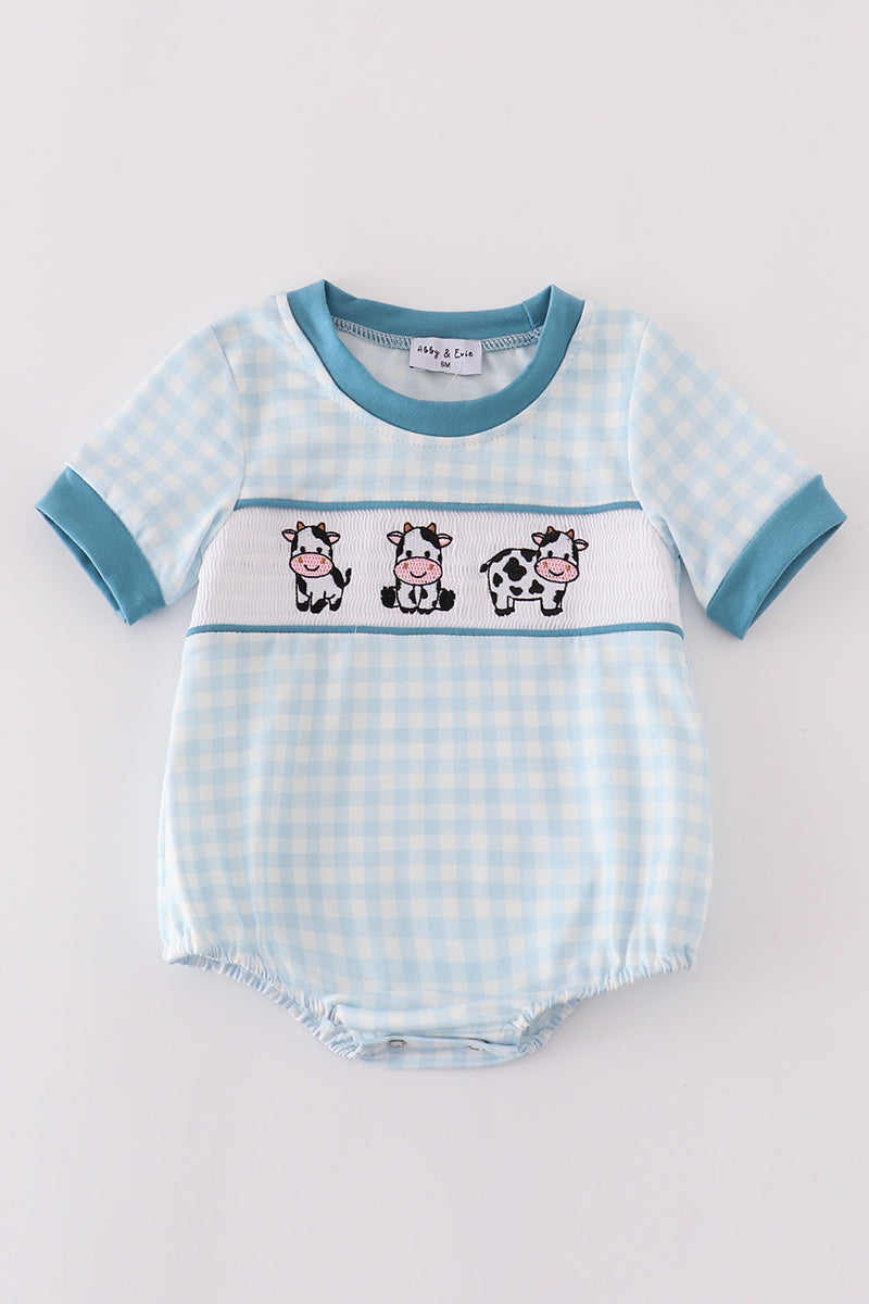 Blue cow embroidery smocked boy bubble