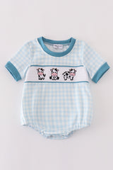 Blue cow embroidery smocked boy bubble